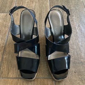 Black patent wedge sandals